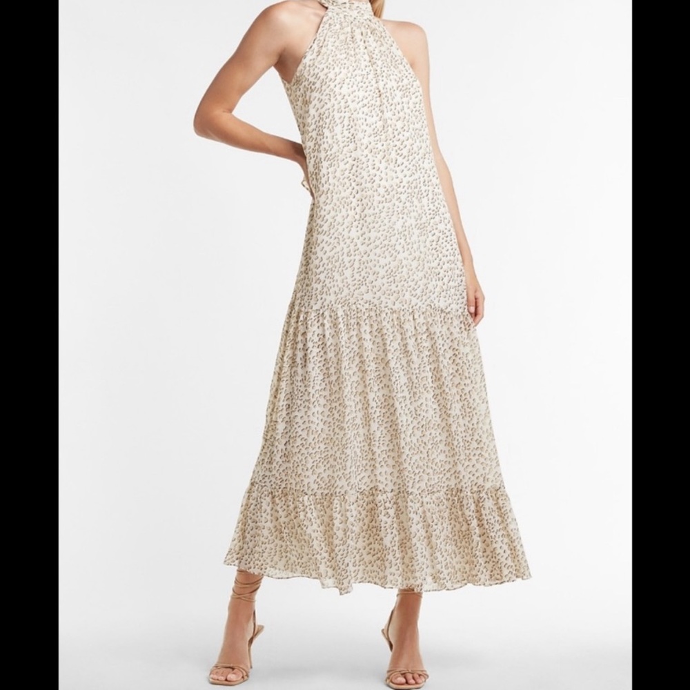NWT Med Express tiered, high, necked, maxi leopard dress